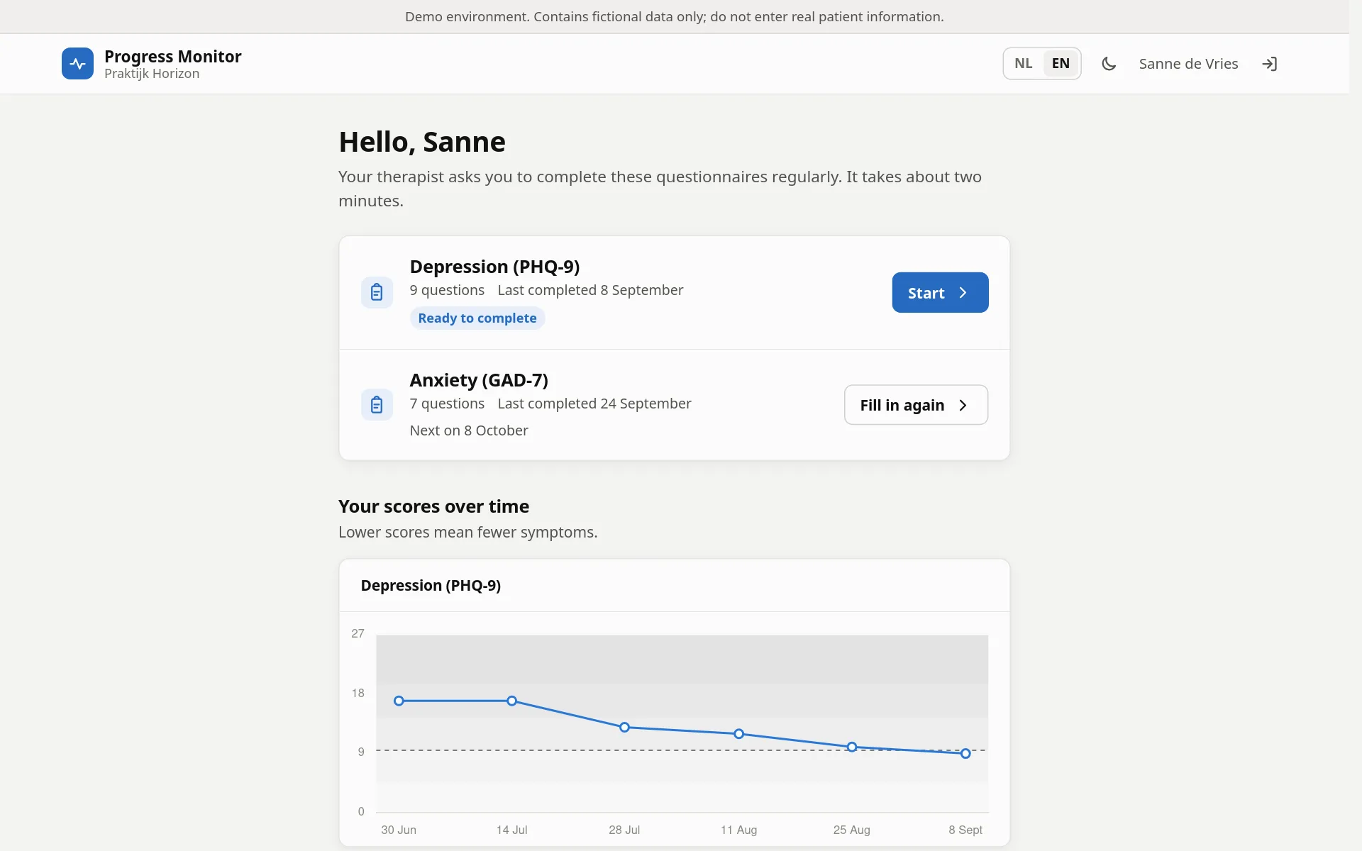 Client view: questionnaires to fill in and a chart of scores over time